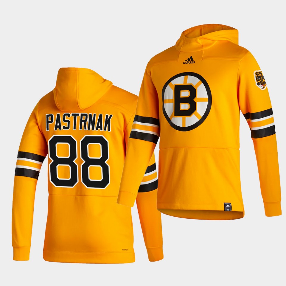 Men Boston Bruins #88 Pastrnak Yellow NHL 2021 Adidas Pullover Hoodie Jersey